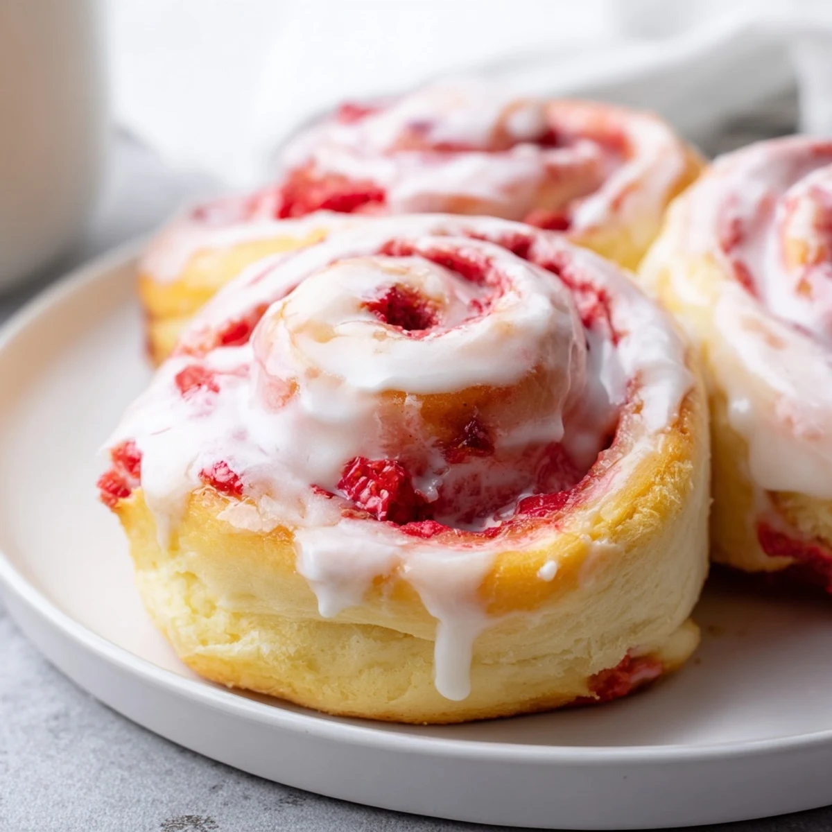 Golden strawberry cheesecake rolls drizzled with sweet vanilla glaze on a rustic baking pan.