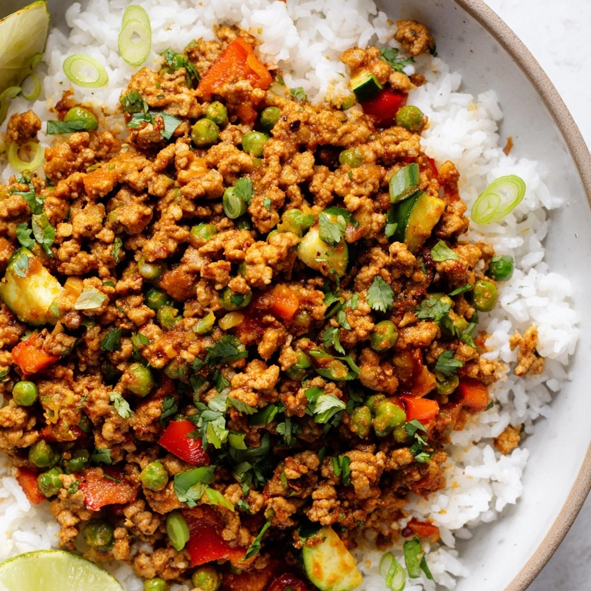 Steaming spiced turkey rice bowls topped with colorful bell peppers and fresh cilantro