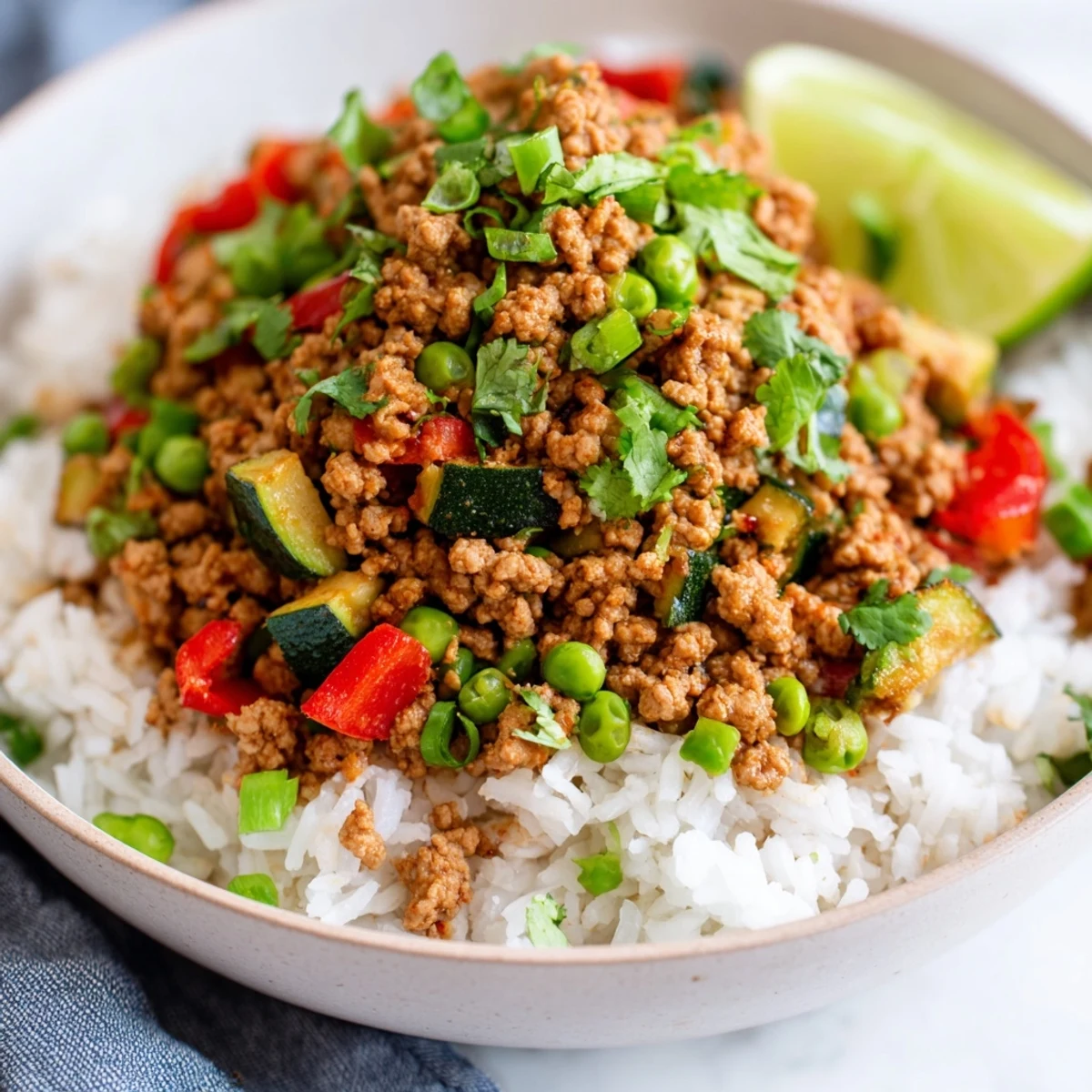 Warm spiced turkey rice bowls served over fluffy white rice with zucchini and peas