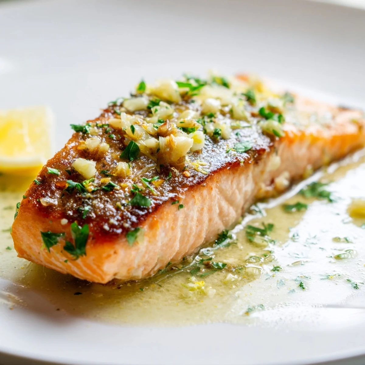 Pan-seared garlic butter salmon with golden crispy skin and fresh parsley garnish