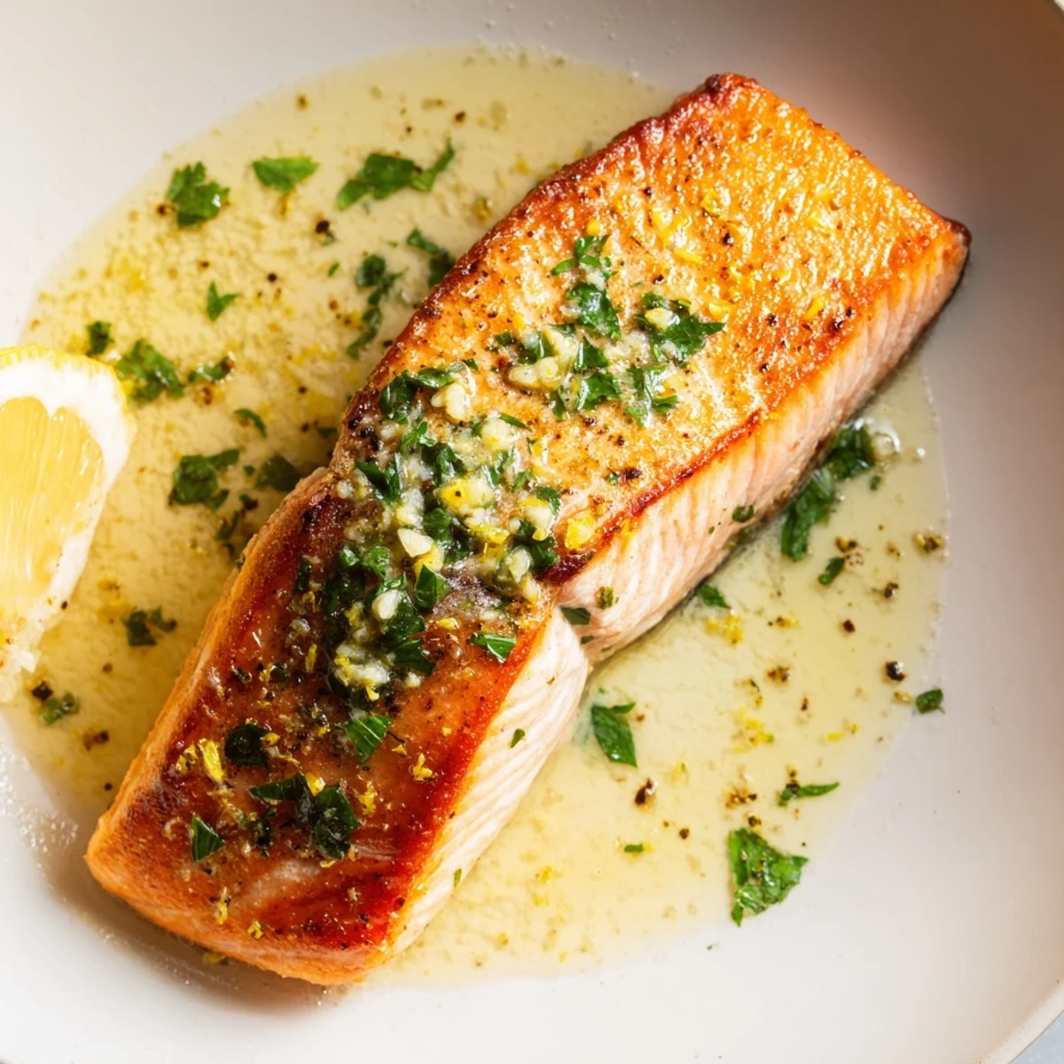 Juicy garlic butter salmon fillet drizzled with rich lemon herb butter sauce