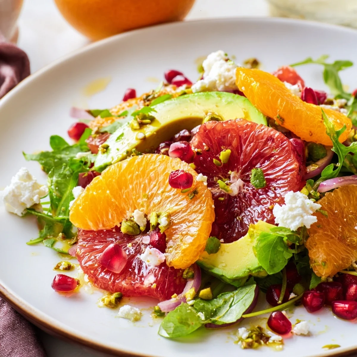 Bright citrus salad with pomegranate jewels, avocado, and feta on a platter