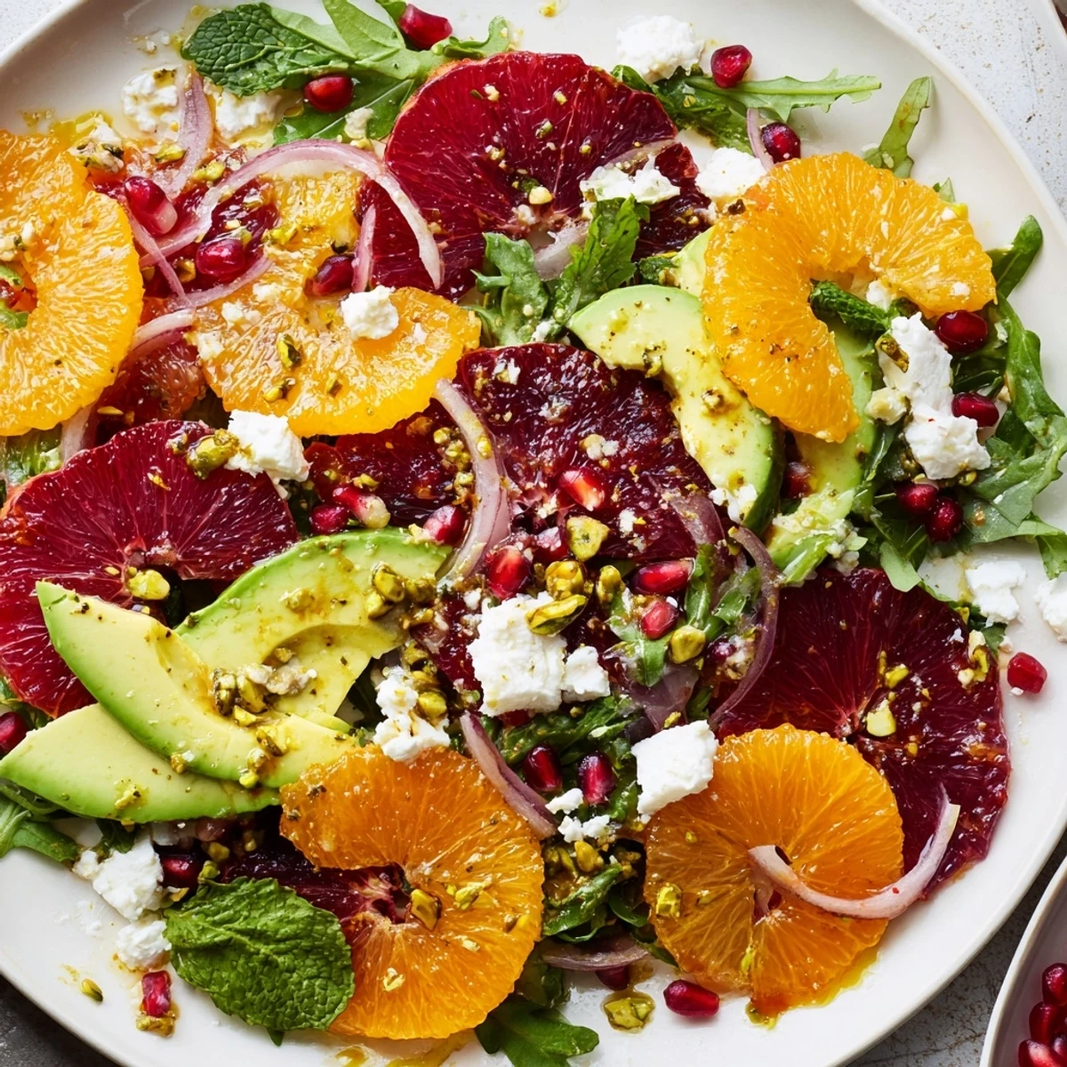 Vibrant citrus salad with pomegranate jewels, sliced avocado, and feta over mixed greens