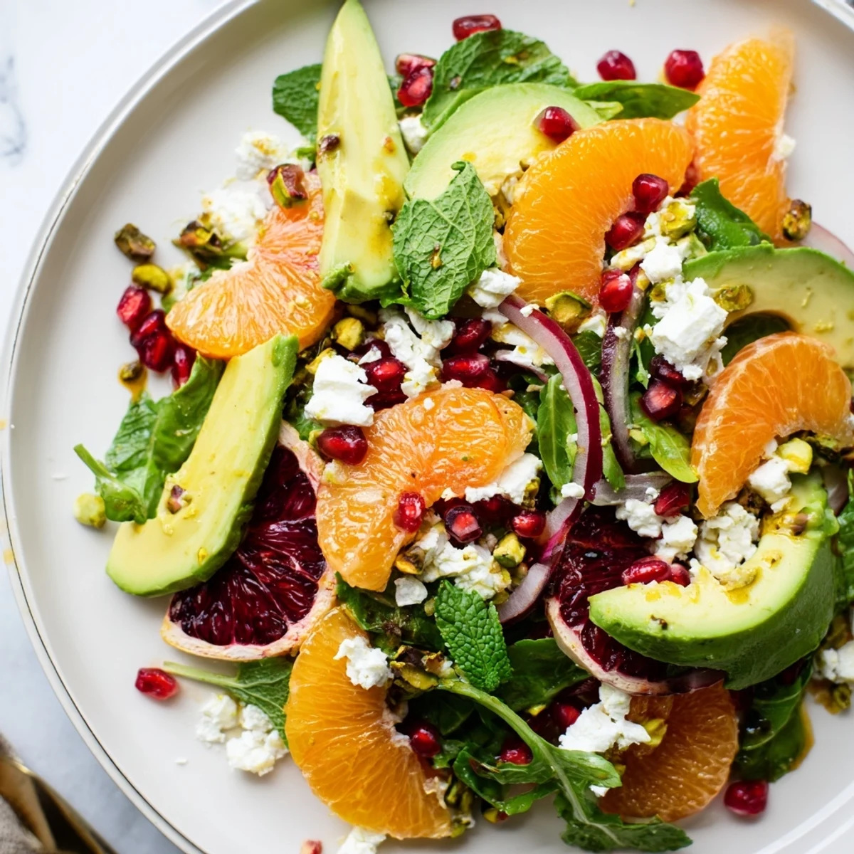 Citrus salad with pomegranate jewels, creamy avocado, and crumbled feta garnished with mint
