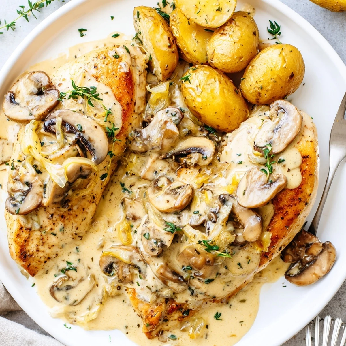 Juicy Creamy Mushroom Chicken smothered in velvety sauce beside crispy roasted potatoes
