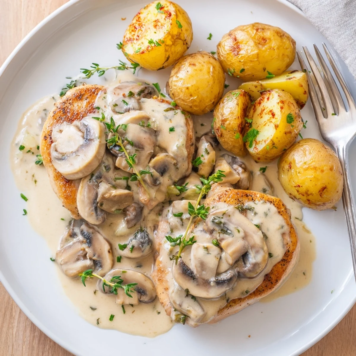 Creamy Mushroom Chicken with golden herb potatoes on a rustic white plate