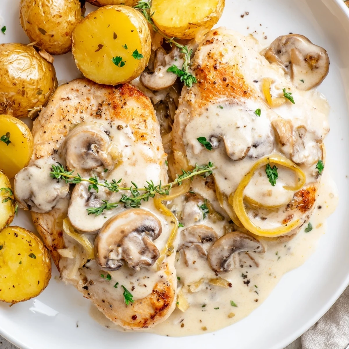Creamy Mushroom Chicken in rich mushroom sauce served with perfectly crisp herb potatoes