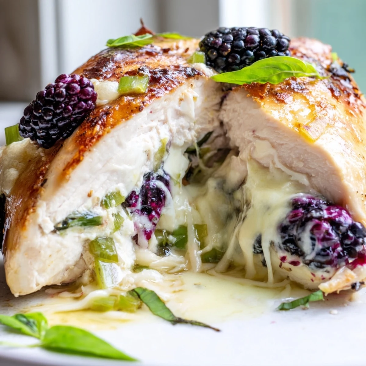 Golden baked Melty Blackberry Jalapeno Stuffed Chicken with bubbling mozzarella on top