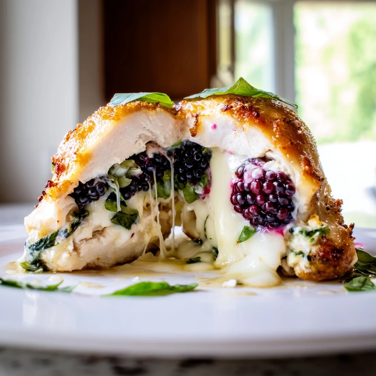 Melty Blackberry Jalapeno Stuffed Chicken plated with fresh basil on a white dish