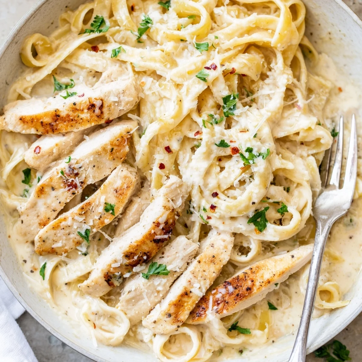 Creamy Garlic Parmesan Chicken Pasta topped with fresh parsley in a white bowl
