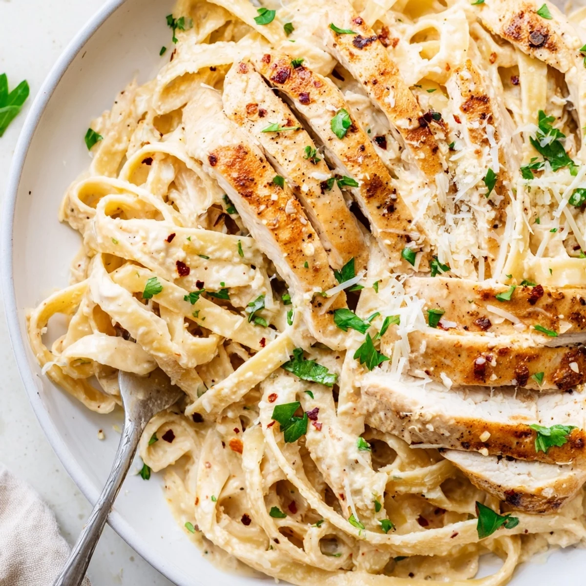 Golden seared chicken strips coated in rich Creamy Garlic Parmesan Chicken Pasta sauce