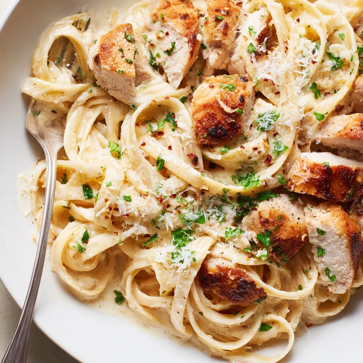 Steaming plate of Creamy Garlic Parmesan Chicken Pasta garnished with extra Parmesan and parsley