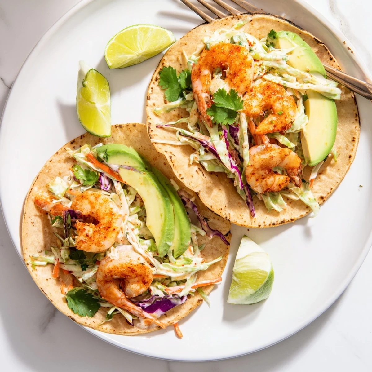 Golden seasoned shrimp nestled in corn tortillas with tangy garlic cilantro lime slaw and fresh avocado