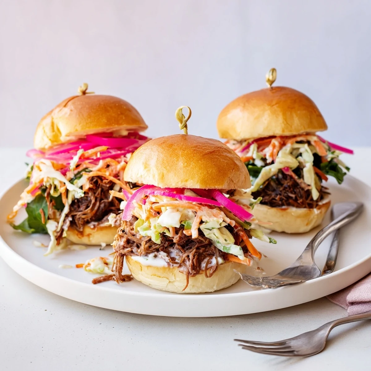 Tangy Alabama white sauce pulled lamb sliders glistening on toasted buns topped with crisp cabbage slaw