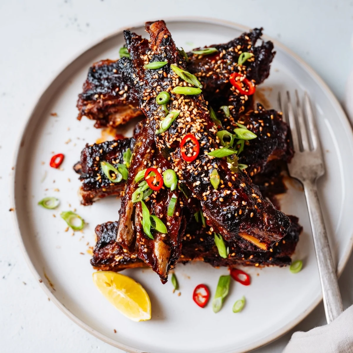 Korean BBQ lamb ribs glistening with caramelized glaze and scattered sesame seeds on a rustic platter