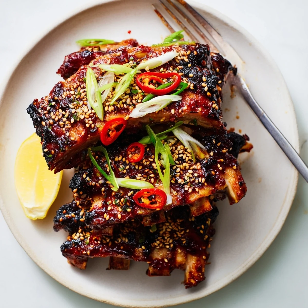 Tender Korean BBQ lamb ribs charred on the edges with a bright yuzu wedge resting beside them