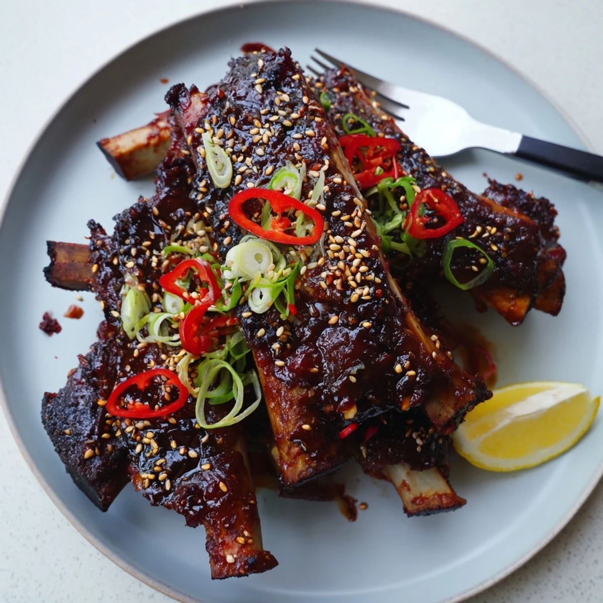 Juicy Korean BBQ lamb ribs drizzled with yuzu juice and topped with sliced spring onions and chili