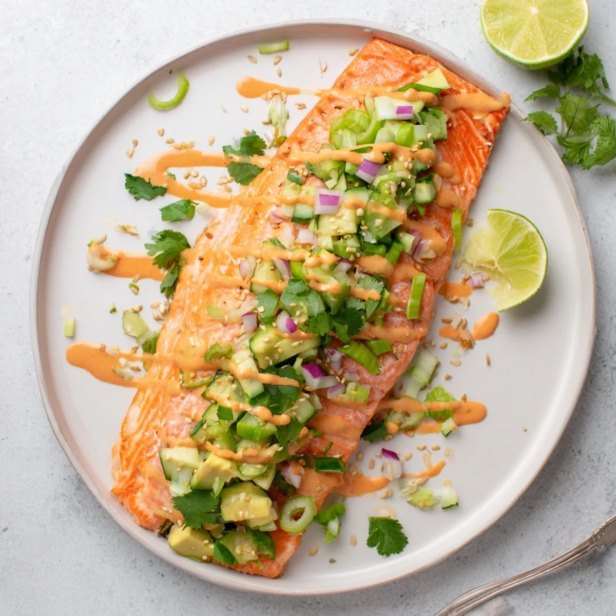 Perfectly glazed Bang Bang Salmon resting on a bed of cool avocado cucumber salsa