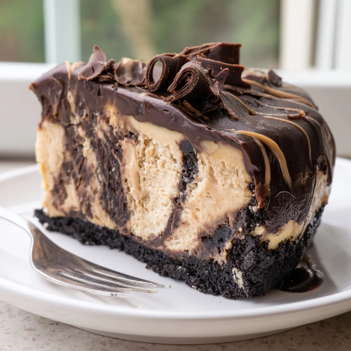 Creamy chocolate peanut butter cheesecake sliced to reveal a rich, swirled filling
