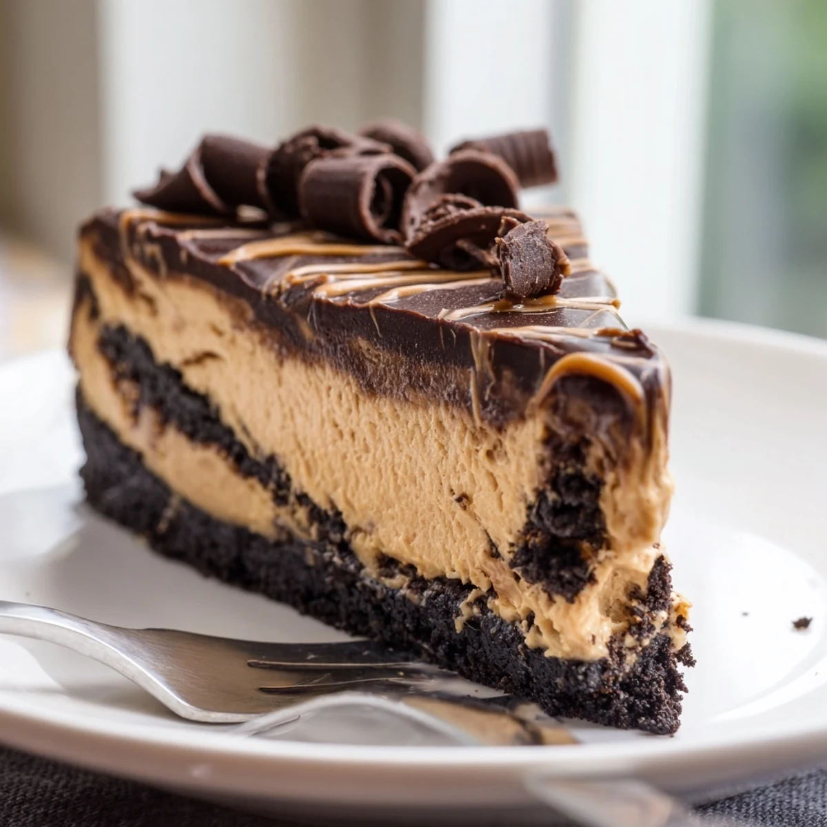 Thick slice of chocolate peanut butter cheesecake drizzled with dark chocolate and peanut butter