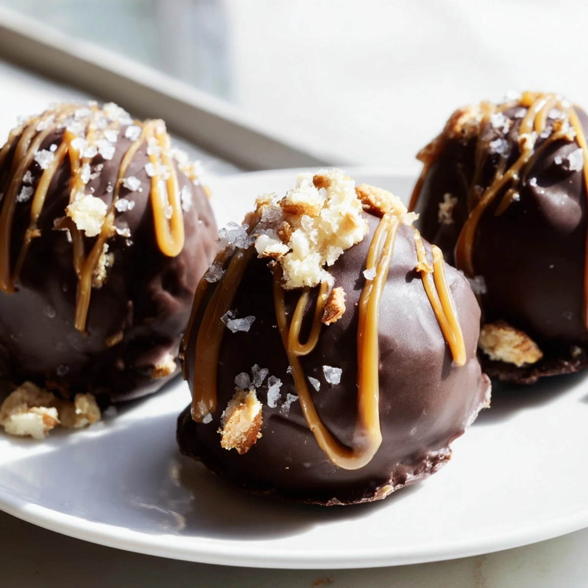 Glossy chocolate-dipped salted caramel pretzel cheesecake balls drizzled with golden caramel on parchment paper.