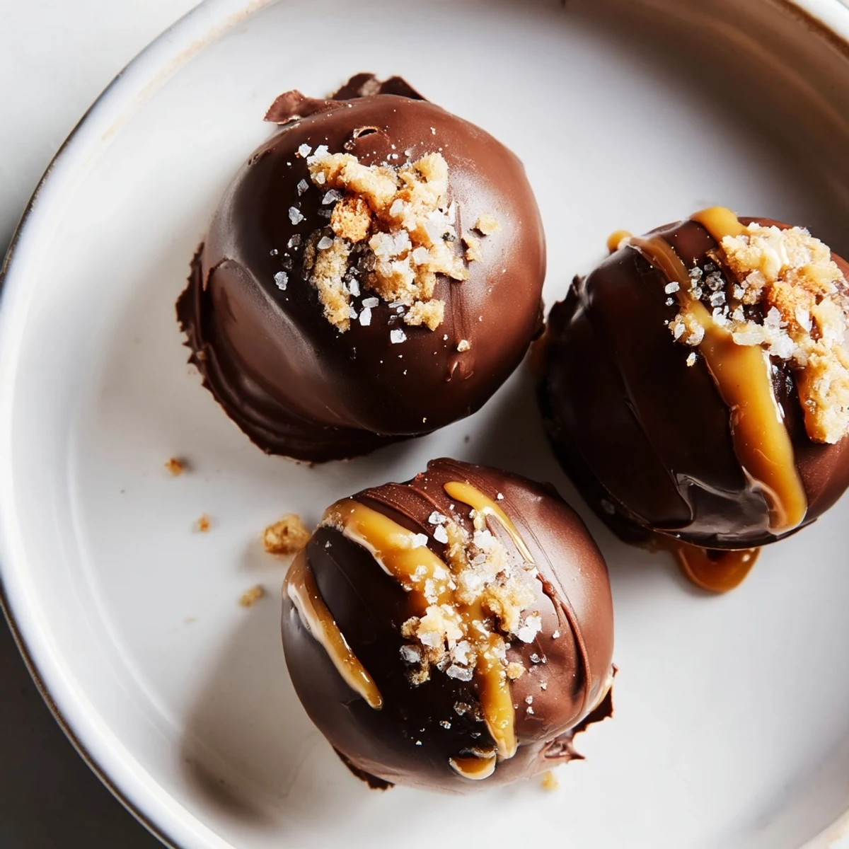 Creamy salted caramel pretzel cheesecake balls coated in rich chocolate and sprinkled with flaky sea salt.