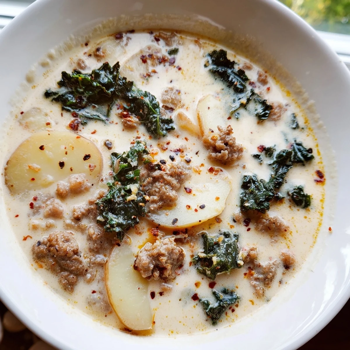 Creamy Zuppa Toscana soup loaded with sausage, kale, and golden potato slices