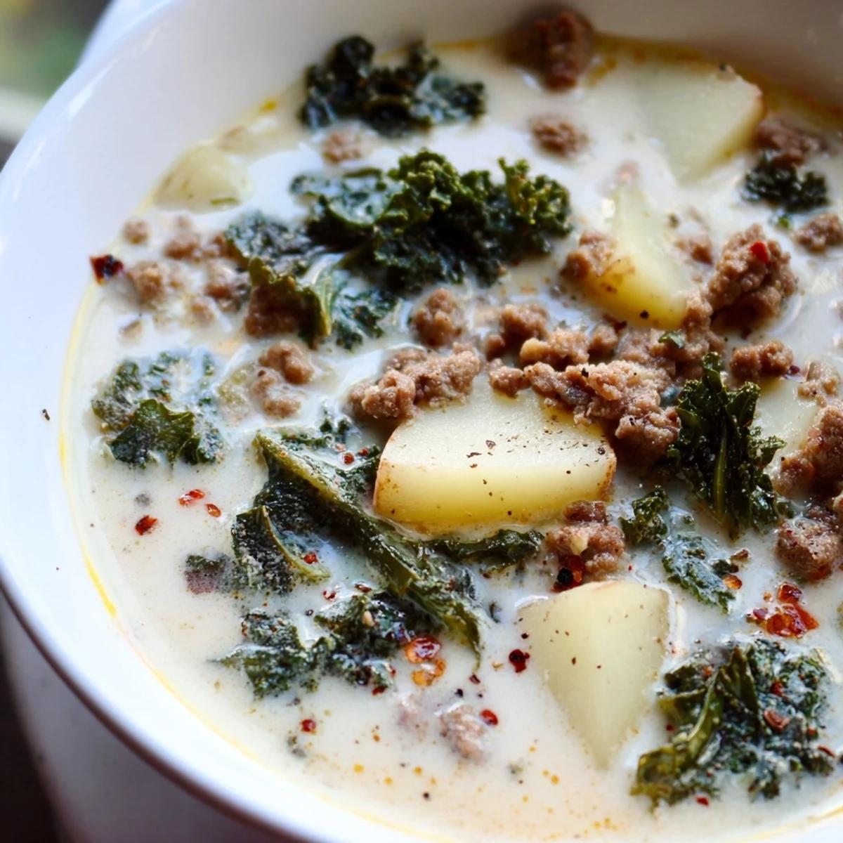Steaming bowl of Zuppa Toscana soup topped with kale and crumbled sausage