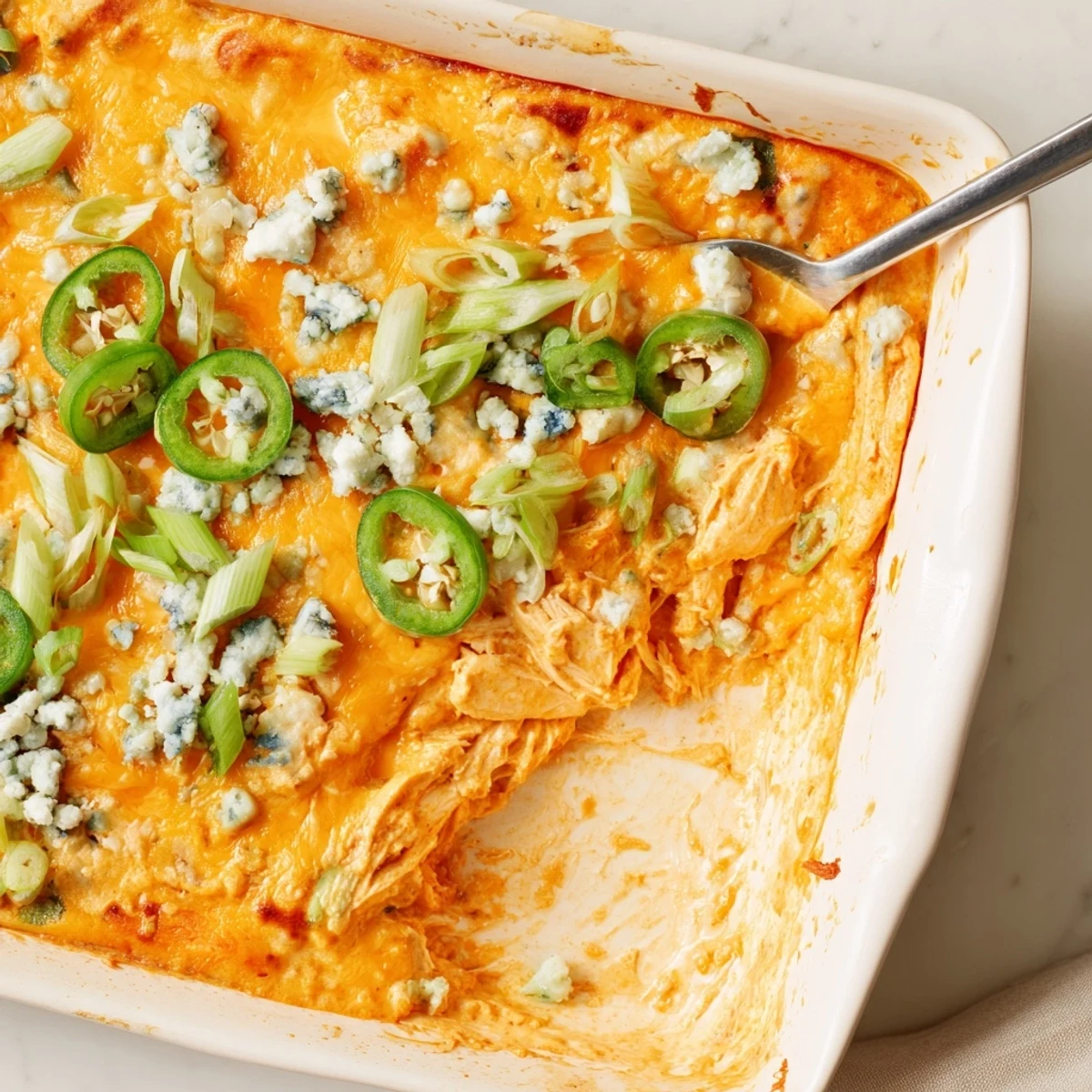 Golden bubbling jalapeno buffalo chicken casserole fresh from the oven with melted cheese