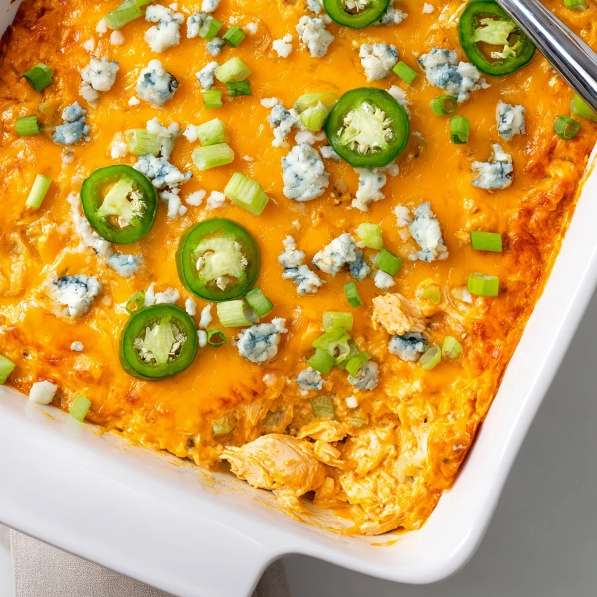 Creamy jalapeno buffalo chicken casserole topped with blue cheese crumbles and green onions