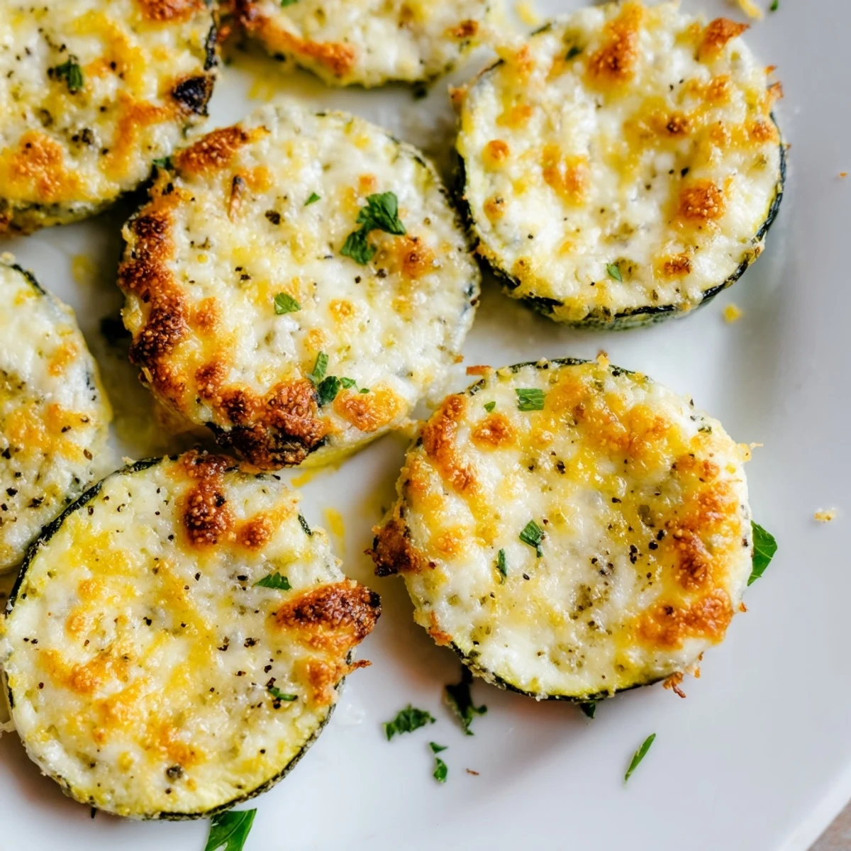 Golden Parmesan-crusted zucchini rounds glistening with lemon pepper on a baking sheet