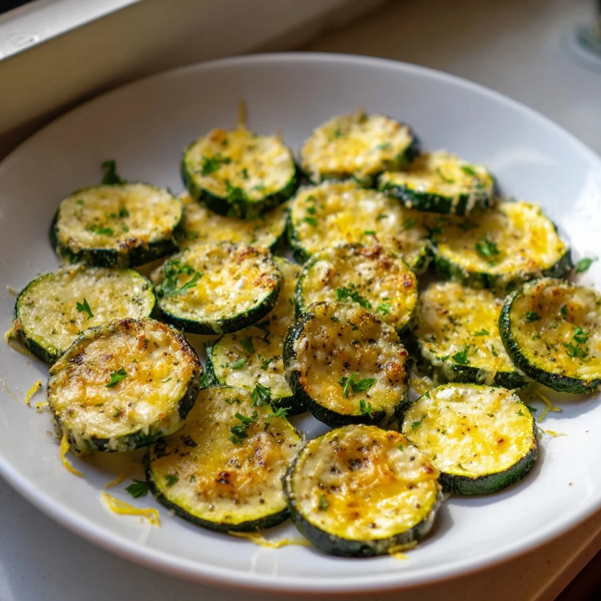 Tender zucchini slices topped with melted Parmesan and bright lemon zest served hot
