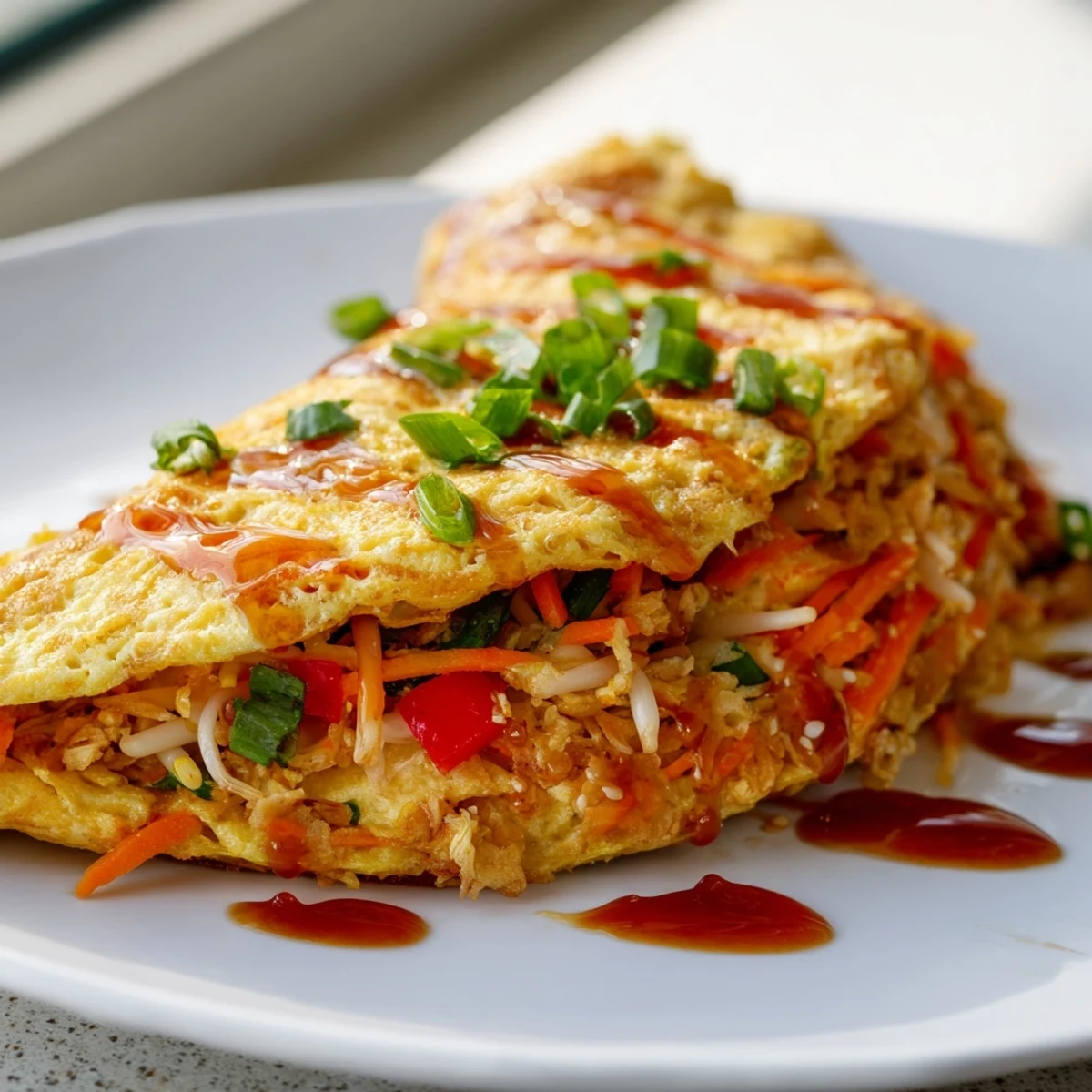 Golden Chinese omelette filled with colorful crisp vegetables and fresh scallions on a white plate