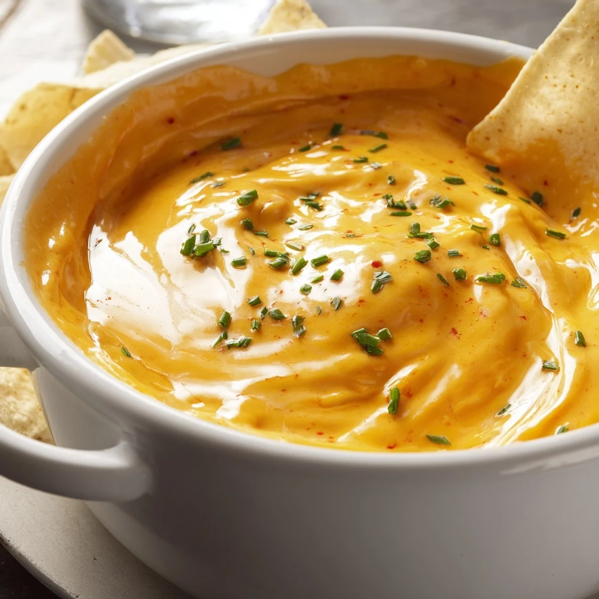 Warm creamy cheese dip in a rustic bowl topped with fresh chives