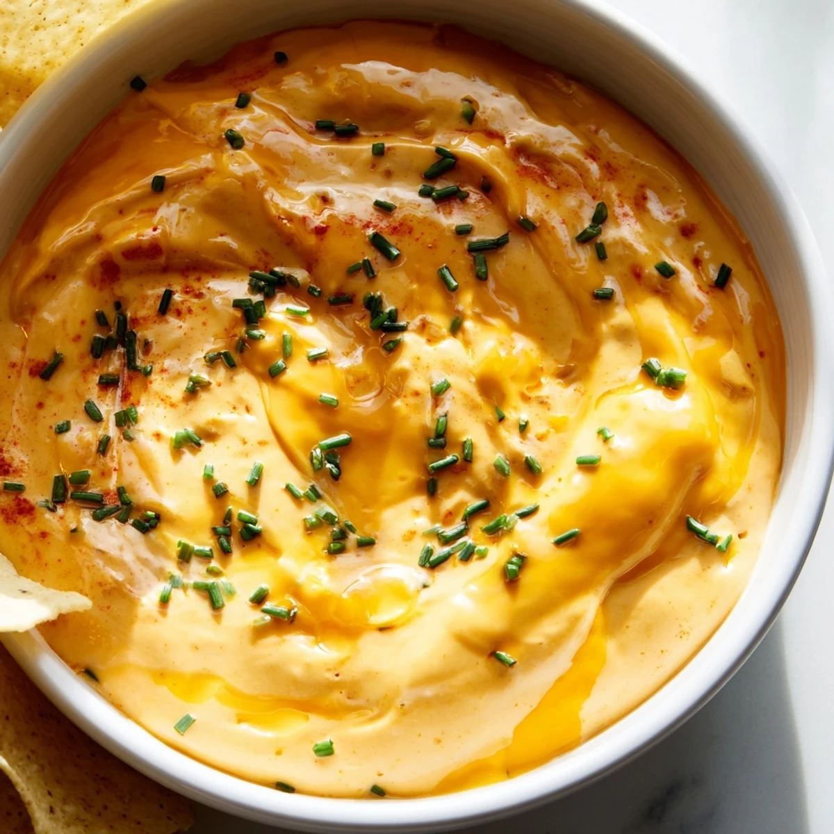 Smooth melted cheddar cheese dip served with crispy golden tortilla chips