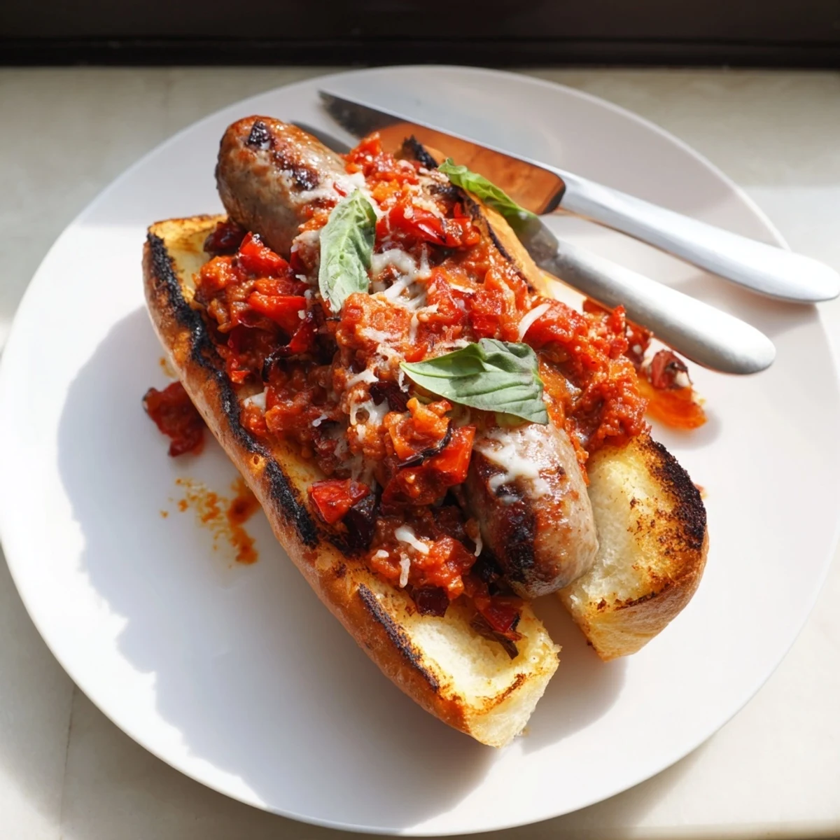 Smoky grilled sausage grinders topped with charred tomato sauce on crusty rolls with melted cheese