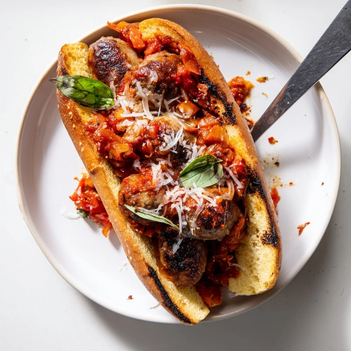 Golden toasted hoagie loaded with juicy grilled sausage and smoky homemade grilled tomato sauce
