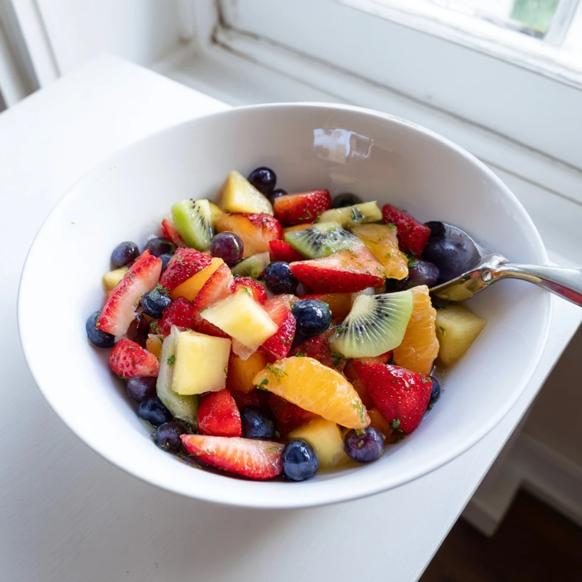 Colorful fruit bowl overflowing with fresh strawberries blueberries kiwi and pineapple chunks