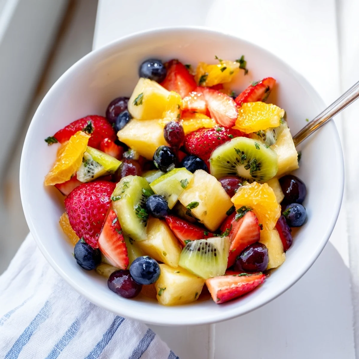 Vibrant fruit bowl featuring sliced citrus grapes and seasonal berries beautifully arranged