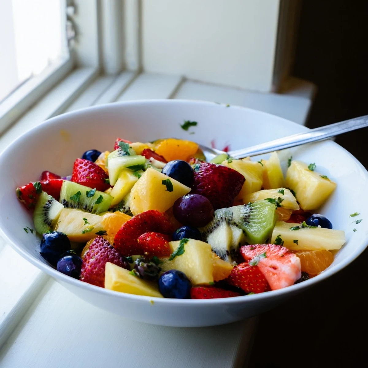 Refreshing fruit bowl drizzled with honey mint dressing in a ceramic bowl