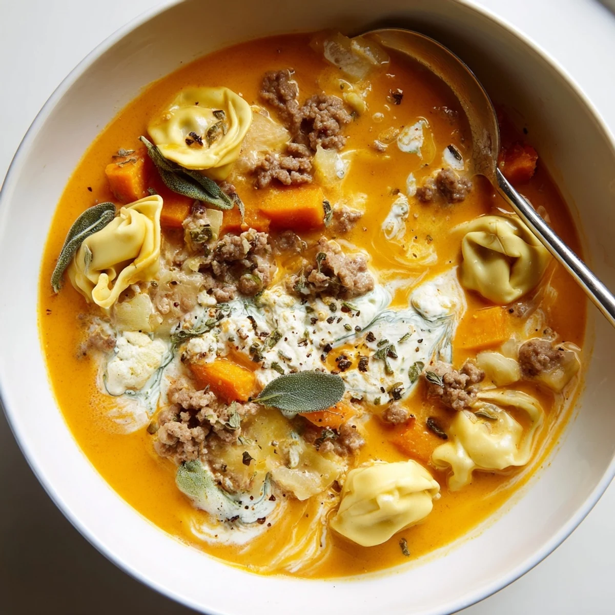Creamy butternut squash sausage tortellini soup topped with a golden sage cheese swirl in a rustic bowl