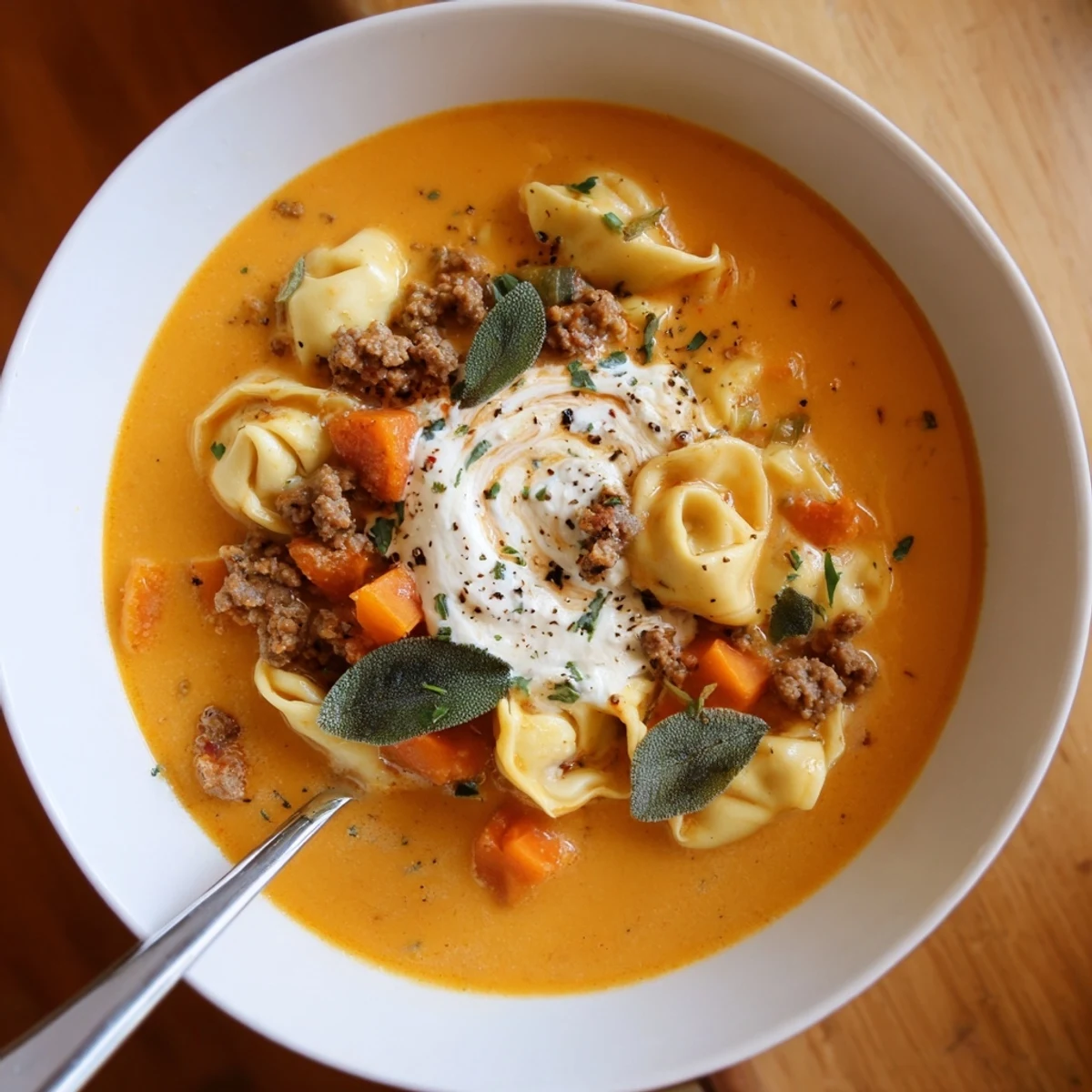 Hearty butternut squash sausage tortellini soup featuring tender pasta, crumbled sausage, and a velvety cheese swirl