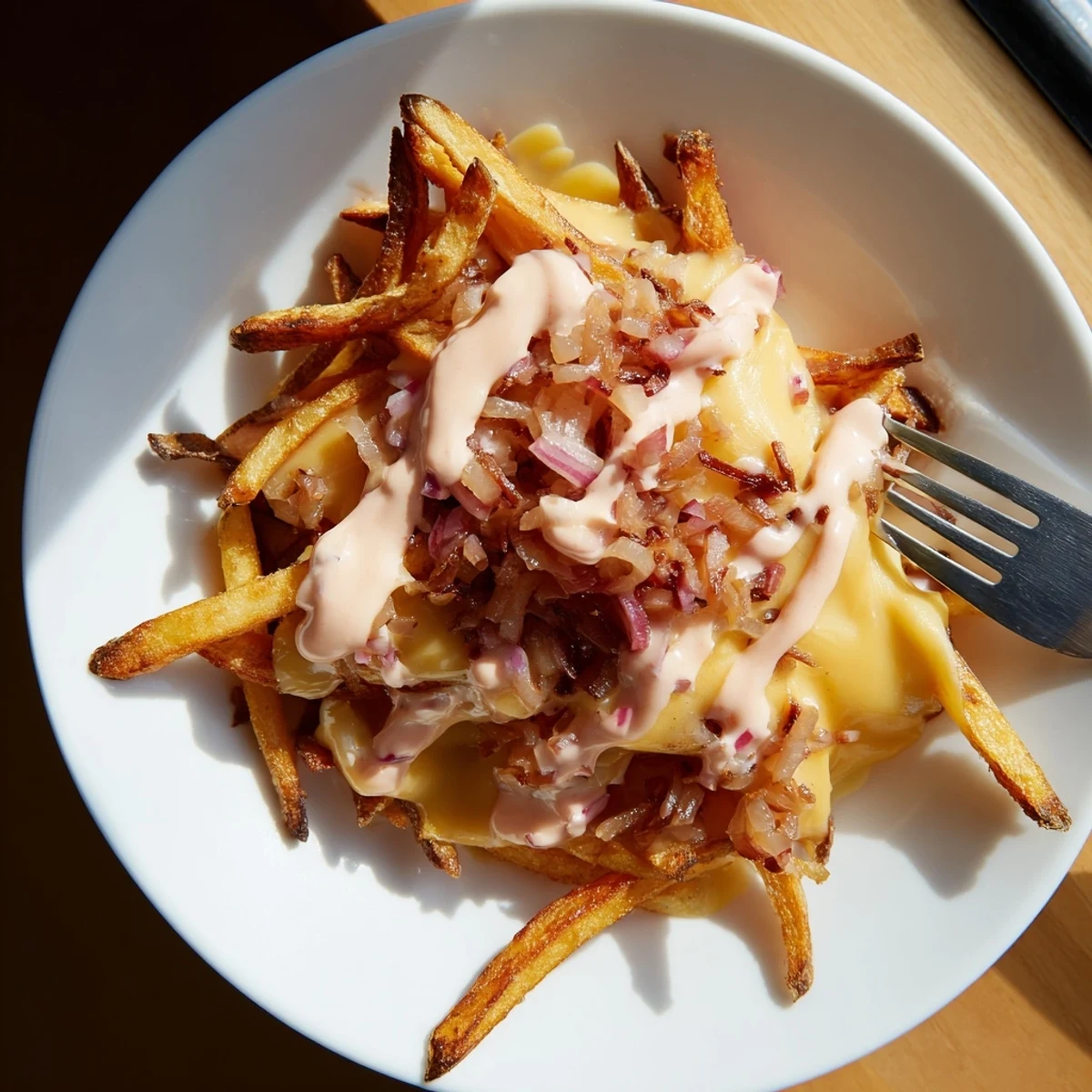 Close-up of In-N-Out Animal Style fries glistening with special sauce and golden brown onions