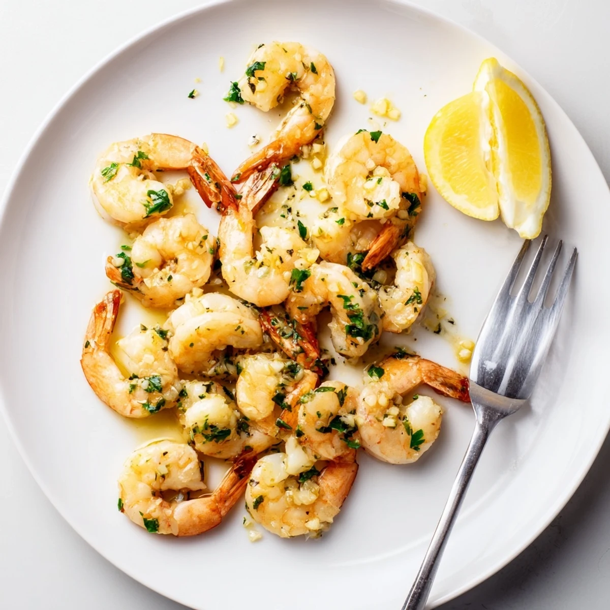 Golden buttered shrimp glistening in garlicky butter sauce on a white plate