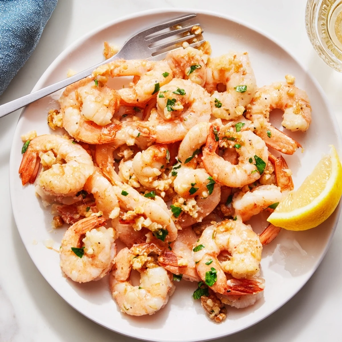 Sizzling buttered shrimp tossed with fresh parsley and served alongside lemon wedges