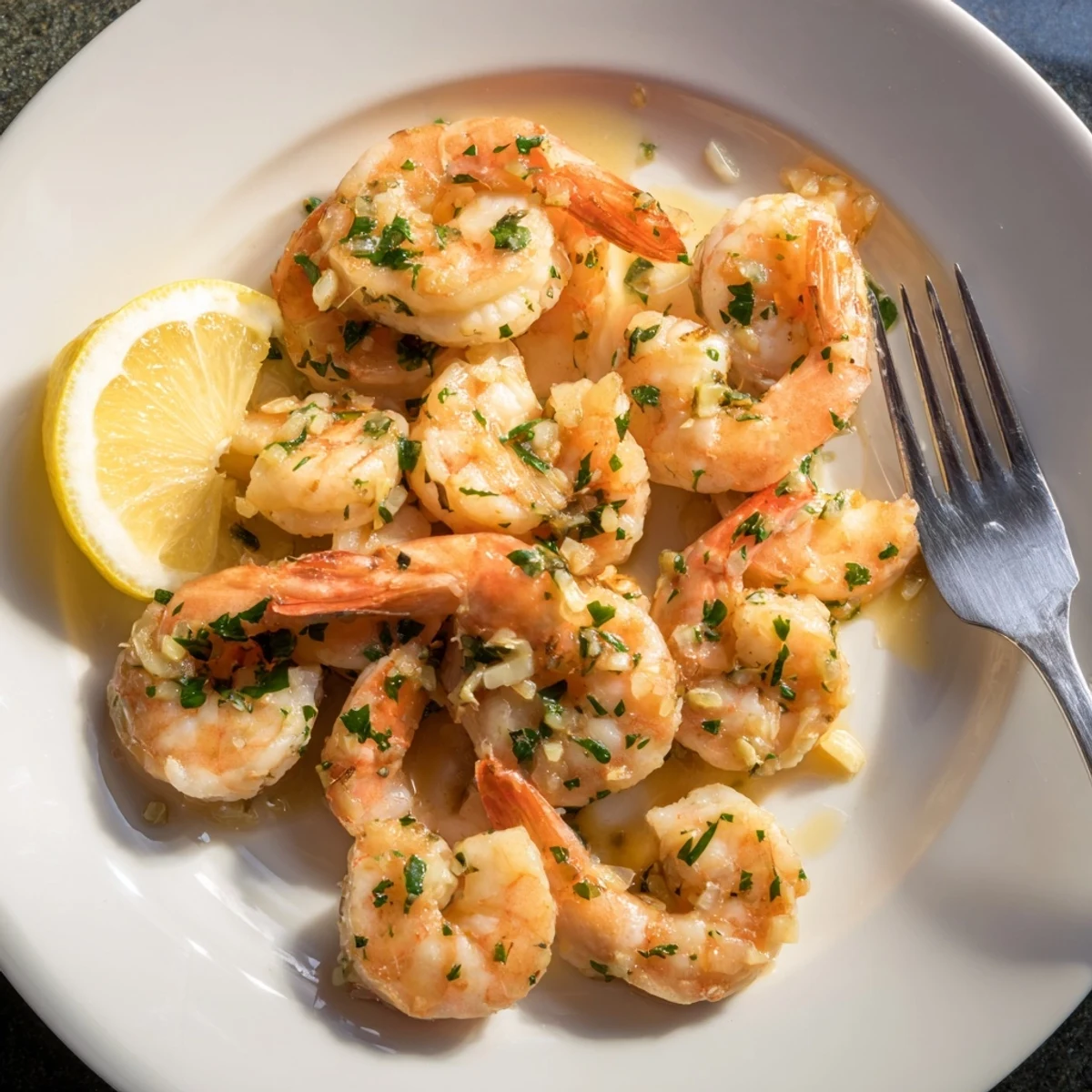 Plump buttered shrimp in a silky garlic butter sauce drizzled with lemon
