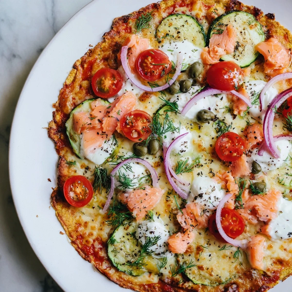Golden tortilla pizza loaded with flaked salmon, cherry tomatoes, and capers