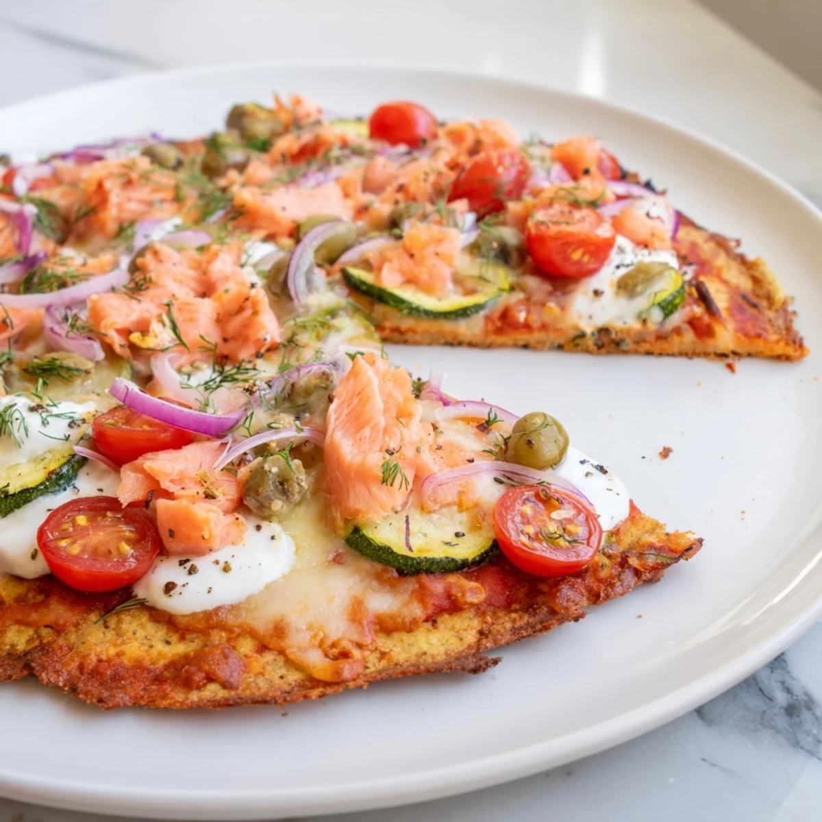 Baked leftover salmon tortilla pizza with bubbling mozzarella and vibrant veggie toppings