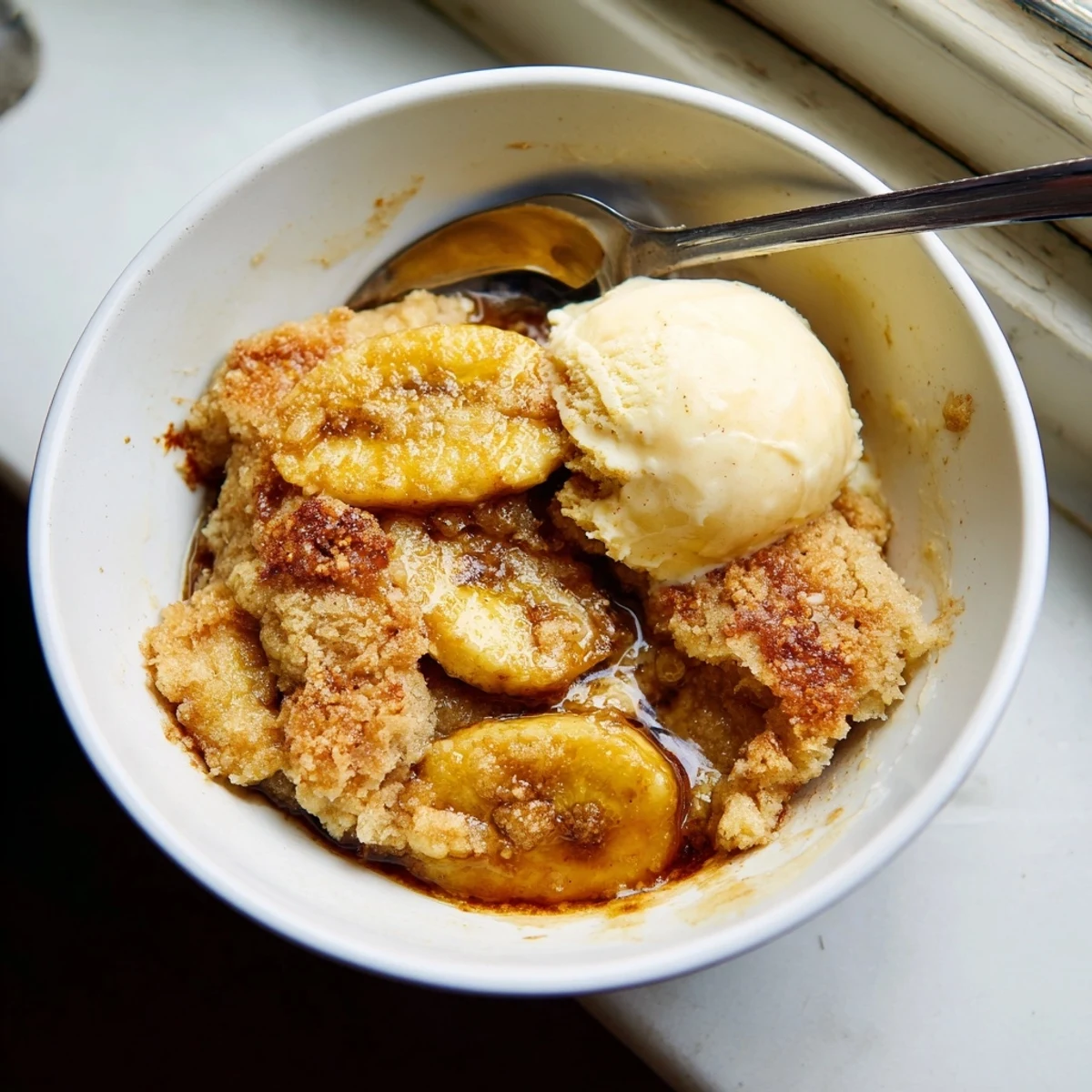 Golden Southern banana cobbler fresh from the oven with caramelized fruit bubbling underneath