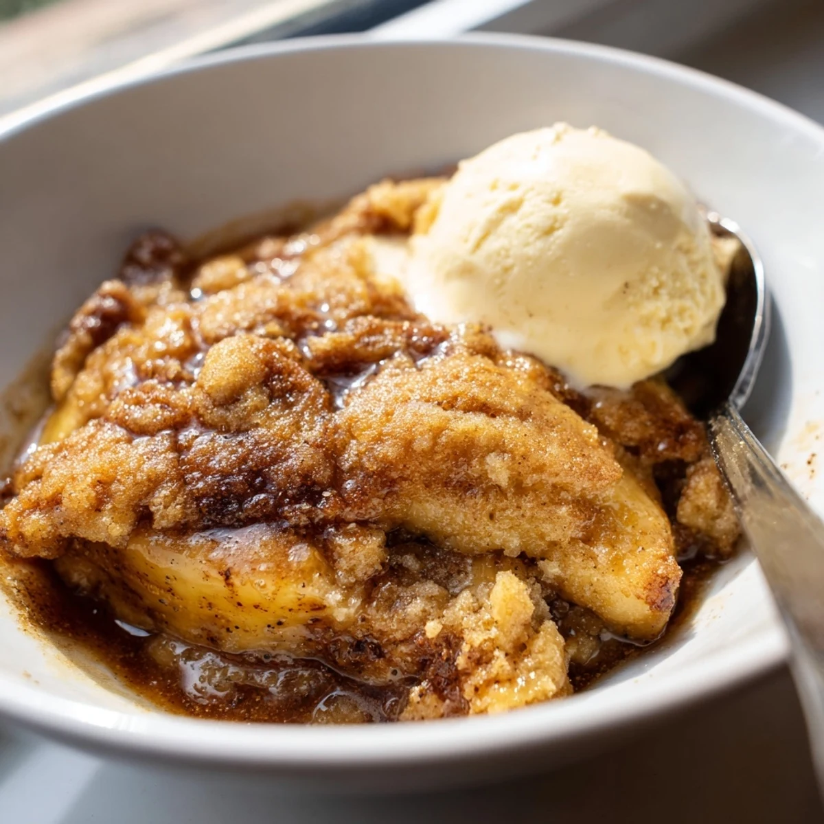 Warm Southern banana cobbler topped with a buttery golden crust and vanilla ice cream